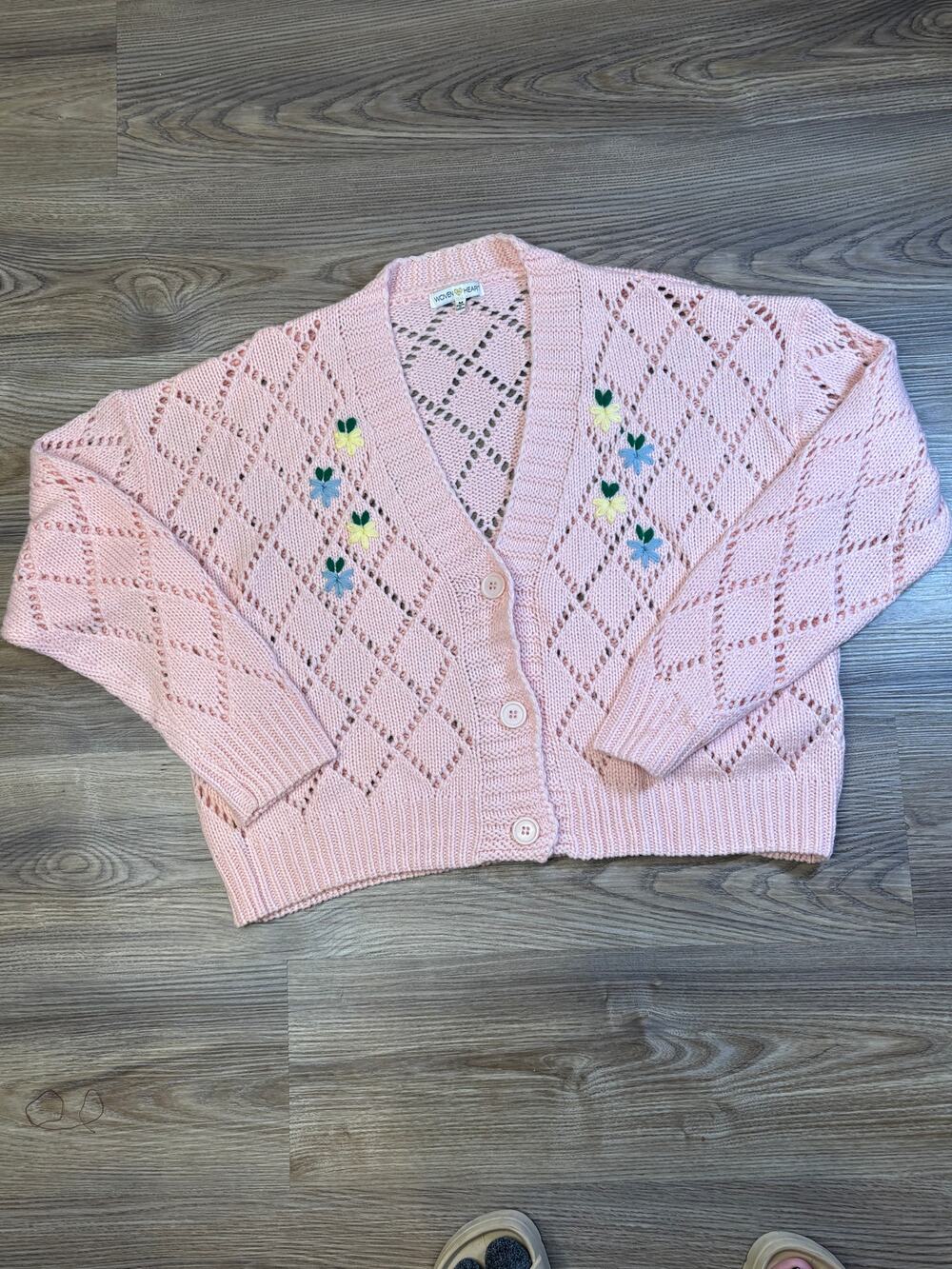 Pink Knit Floral Embroidered  Cardigan Sweater Women's Medium Cottagecore